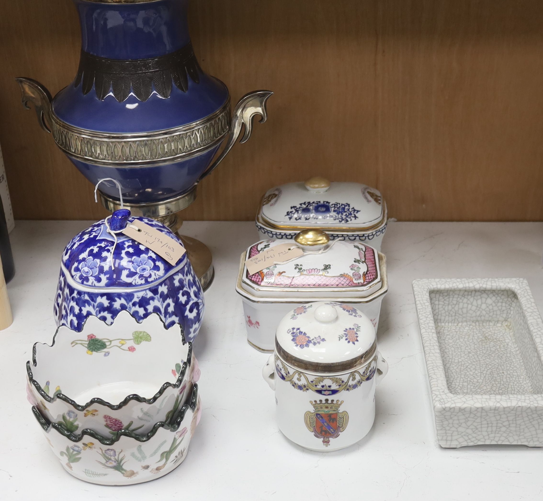 A large blue ground two-handled pedestal vase with metal mounts and sundry ceramics